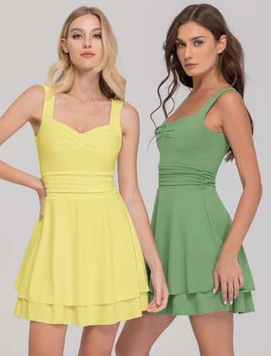 Image of IWD Women's Square Neck Sleeveless Mini Dress Ruched Waist Tiered Ruffle Hem A Line Short Dresses