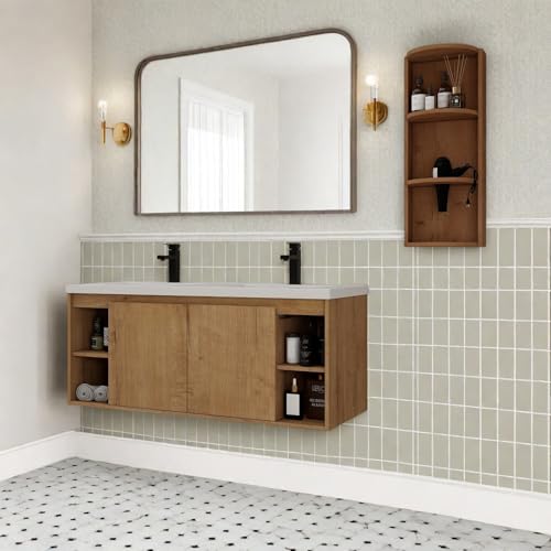 Image of Floating Bathroom Vanity, 48 inch Bathroom Storage Cabinet with Double Resin Sinks, 2 Soft-Close Doors & 4 Open Storage Shelves, Wall-Mounted Vanity with Extra Three-Layer Spacious Shelves, Oak