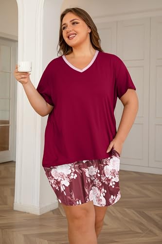 Image of Vozanet Women's Short Sleeve Top and Shorts Pajama Sets Plus Size V Neck Colorful Flower Nighty Loungewear With TWO Pockets