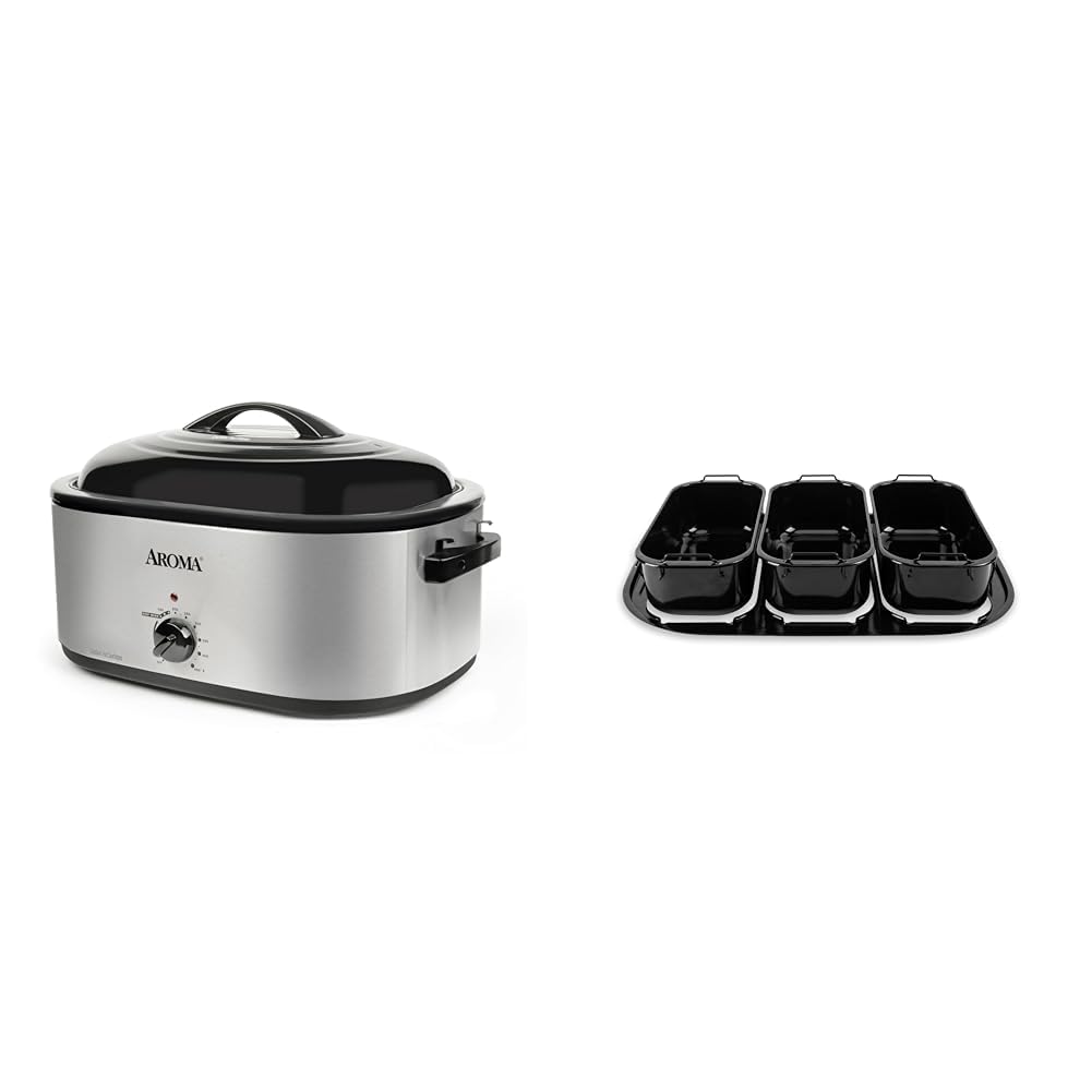 AROMA® 22Qt. Roaster Oven and Buffet Tray Bundle - Perfect for Slow Roasting, Baking, and Serving | Includes 22Qt. Roaster Oven (ART-712SB) and 3-Compartment Buffet Server (ART-002)