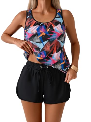 Image of Aidonger Women's Tankini Swimsuit Modest Two Piece Bathing Suit Tummy Control Athletic Blouson Tank Top with Short Bottoms