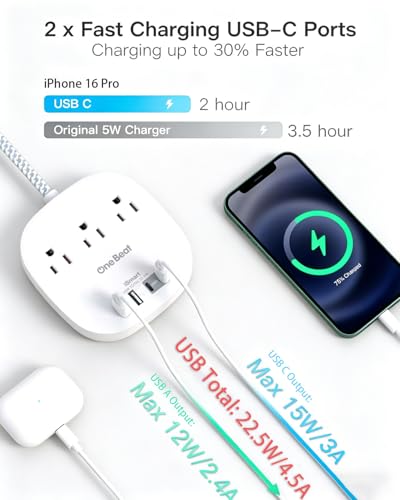 Image of Extension Cord 10 Ft, 22.5W /4.5A Surge Protector Power Strip 10Ft Cord, 3 Outlets & 4 USB Ports (2 USBC), Desktop Charging Station Travel Power Strip Long Cord for Home Office College Dorm Essentials