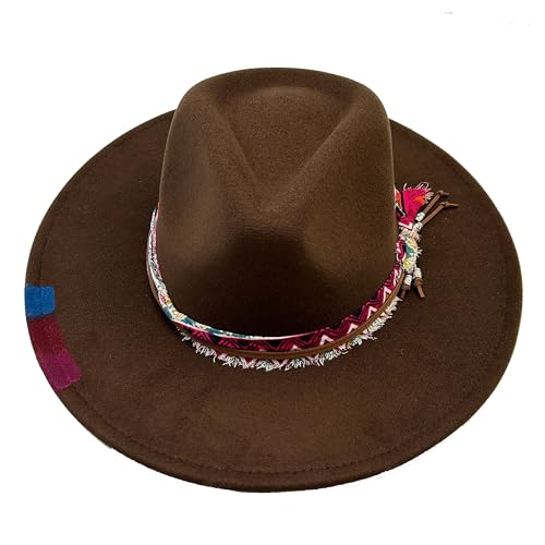 Image of Classic Wide Brim Fedora Hat for Women Man Floppy Panama Hat Western Felt Outdoor Hat with Band Sun Protection