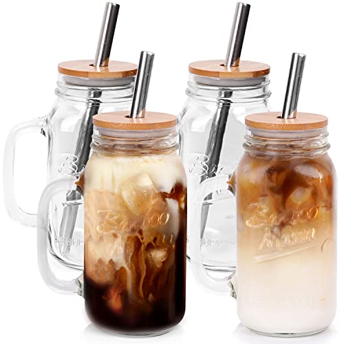 Bocal Mason avec couvercle et paille - 710 ml - Bocaux Mason avec poignée - Réutilisables - Pour café glacé, margaritas, jus, cocktail, voyage, bureau,...