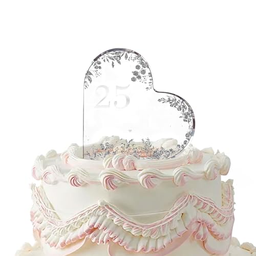 25th Wedding Anniversary Acrylic Cake Topper, Silver Heart Acrylic Block