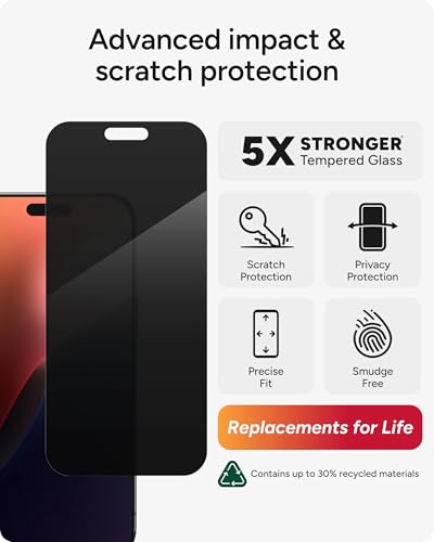 Image of ZAGG Glass Elite Privacy Screen Protector for iPhone 16 Pro Max - 2-Way Privacy Filter, Ultra-Strong Tempered Glass, 5X Stronger, InvisibleShield, Smudge-Free, Easy Install, Recycled Content