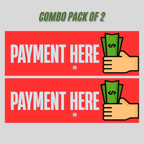 Image of Pay Here Sign Sticker Board (20.5 x 7 cm) - Peel & Stick with 4 Corner Holes - Easy Fix for Wall, Counter & Shop - Pack of 2 (Pay Here, Small - 20.5 X 7 CM)