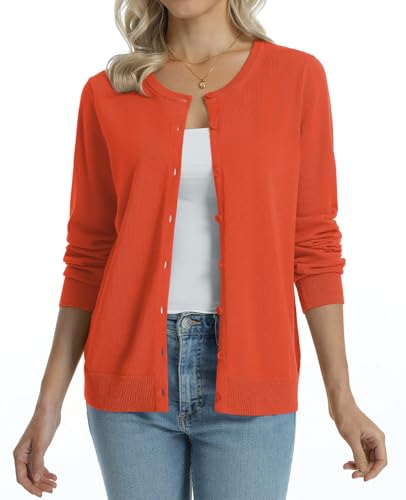 Image of QUALFORT Women's 100% Cotton Lightweight Cardigans Long Sleeve Knitted Button Down Sweater