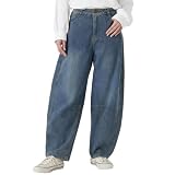 [ハッピーマリリン] カーブパンツ デニム コクーン 大きいサイズ レディース ボトムス ワイドパンツ バレル Pants コクーン 脚長美脚シルエット 選べる2丈 ウエストバックゴム 【250023】 M/ロング丈/デニム/ブルー