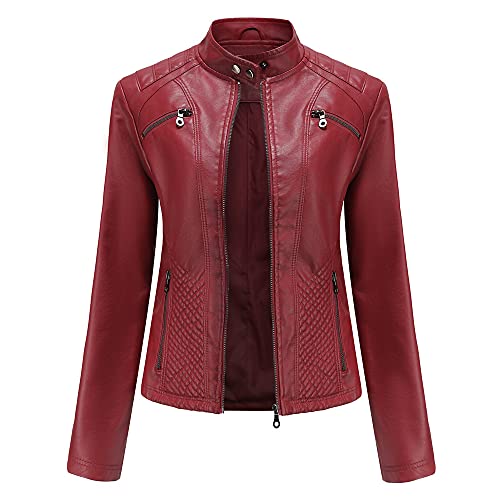 JellyLe Lederjacke Damen Elegante Stehkragen Lederjacke für Frauen Slim Fit Freizeitjacke aus Leder in Einfarbig für Frühling und Herbst (Weinrot L)