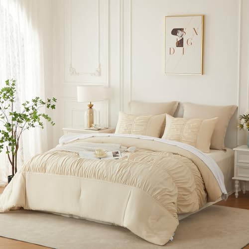 Image of Ruched Ruffle Comforter Set Queen - 3 Piece Wheat Checkered Bedding Set - Aesthetic Cottagecore Ruffled Farmhouse Comforter with 2 Pillow Shams - Soft, Lightweight All Season Bedding (90 inchx90 inch)