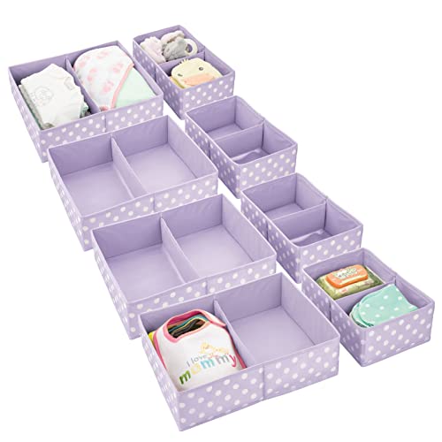 mDesign Fabric Drawer Organizer Bins, Kids/Baby Nursery Dresser, Closet, Shelf, Playroom Organization, Hold Clothes, Toys, Diapers, Bibs, Blankets, Set of 2, 4 Pack, Light Purple/White Polka Dot