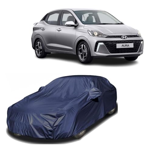 Image of Car Body Cover Compatible with Hyundai Aura | Water, Dust & UV Protection | Mirror Pockets | Elastic Grip | Triple Stitch Hyundai Aura Car Cover (Blue)