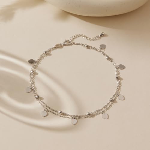 Image of CHIC & ARTSY 925 Sterling Silver Ankle Bracelets for Women, Dainty Adjustable Layered Foot Chains with Symbolic Charms, Boho Beach Everyday Lightweight Jewelry