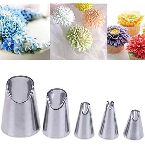 Suuker Rose Flower Piping Tips Set, Stainless Steel Chrysanthemum Nozzles, Crinkle Cream Laminating Nozzle Cupcake Pastry Tool For Decorating Cake Tulip Pastry Nozzle Baking Forms Pastry (5 Pieces) Cover