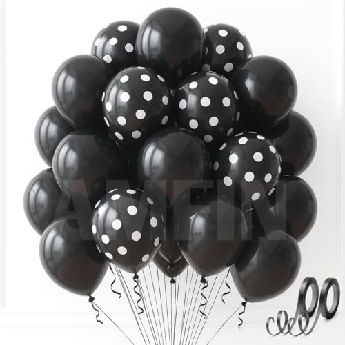 Image of AMFIN (Pack of 25) Polka Dot Black & Solid Latex Black Party Balloons - Birthday Wedding, Baby Shower, Anniversary, Graduation, Halloween, New Year Decorations