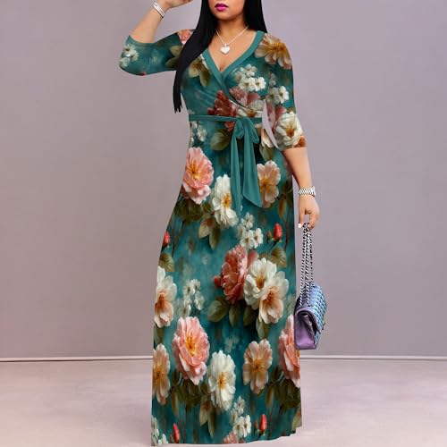 Image of Women Plus Size Long Sleeve V Neck Maxi Dress with Belt | Soft fabric relaxed fit three quarter sleeve v neck with pockets for party and daily wear