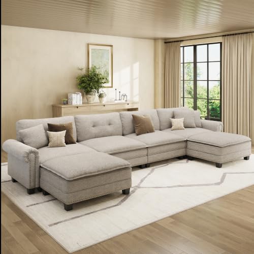 Image of HERA'S HOUSE 150 inch Oversized U Shaped Modular Sectional Couch Living Room | Mid-Century Modern 6-Seater Cloud Sofa, Light Gray, Rolled Arms & Nailhead Trim, Wider & Deeper Seats, Ottoman, Linen