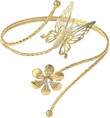 COLORFUL BLING 3PCS Upper Arm Bracelet Gold Silver Chunky Cuff Bracelets Flower Butterfly Armband Set for Women Irregular Minimalist Open Wide Coil Band Bangle Boho Jewelry