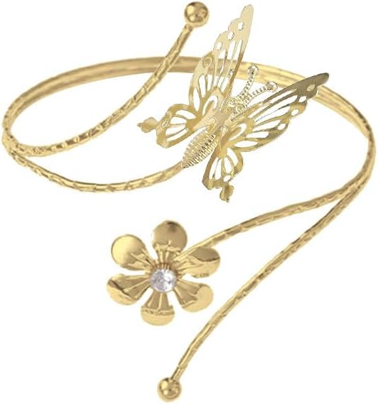 COLORFUL BLING 3PCS Upper Arm Bracelet Gold Silver Chunky Cuff Bracelets Flower Butterfly Armband Set for Women Irregular Minimalist Open Wide Coil Band Bangle Boho Jewelry