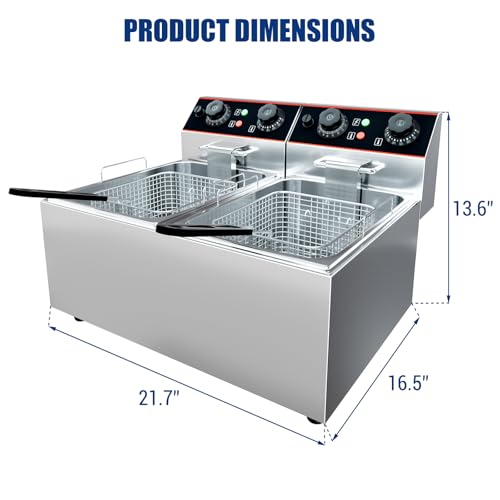 GarveeHome Commercial Deep Fryer with Basket, 8.4 QT/8 L Stainless Steel Electric Countertop Fryer with Double Tanks and Temperature Control for Restaurant and Home Use,1800 W+1800 W