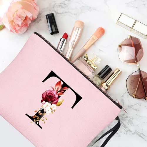 Image of Vavabox A-Z Personalized Makeup Bag, Birthday Gifts for Women Mom, Gifts for Best Friend, Bride Bridesmaid Cosmetic bag (T, Pink)