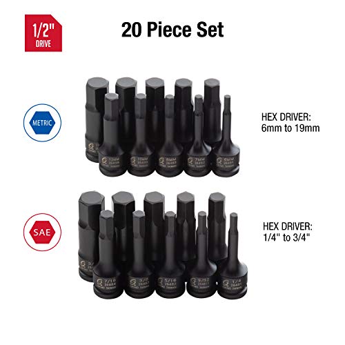 Sunex 2637, 1/2" Drive Impact Hex Driver Set, 20Piece, Sae/Metric, 1/4" - 3/4", 6Mm - 19Mm, Cr-Mo Steel, Dual Size Markings, Heavy Duty Storage Case, Meets Ansi Standards, #TOP1