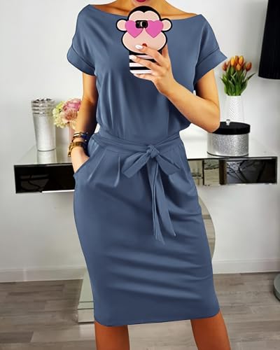 Image of PRETTYGARDEN Women's Summer Short Sleeve Crewneck Striped Dress Basic Solid Tie Waist Office T Shirt Dresses Pockets