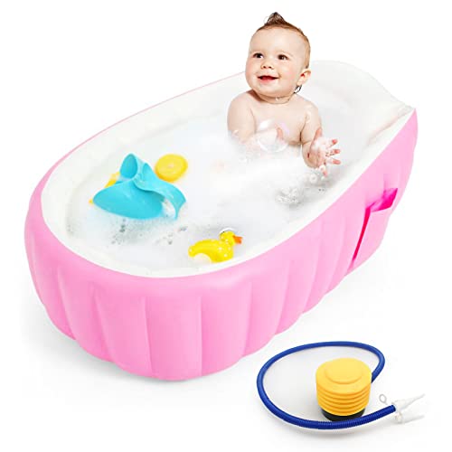 Monbebe Inflatable Baby Bath Tub with Pump, Portable Bath Tub Toddler, Non Slip Travel Bathtub, Mini Swimming Pool, Thick Foldable Shower Basin for Newborn(Pink)