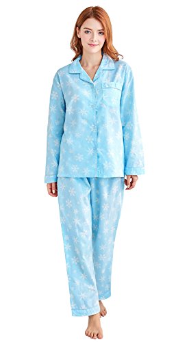 Womens 100% Cotton Pajamas, Long Sleeve Woven Pj Set Sleepwear from Tony & Candice (L=US (12-14), Blue and White Snowflake)