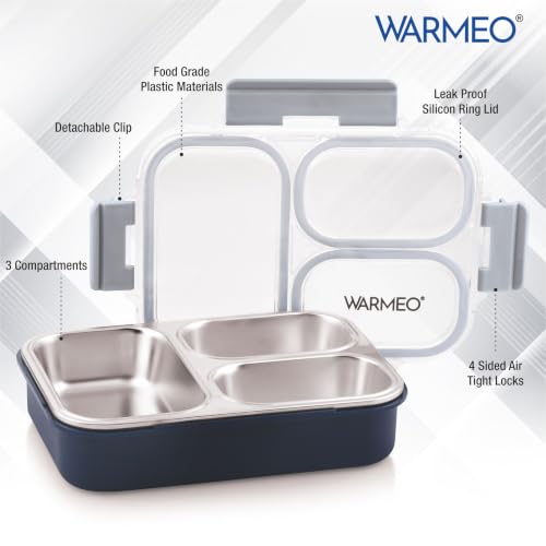 Image of WARMEO BENTO Microwave-Safe Stainless Steel Lunchbox with 3 compartments,bpa Free,Perfect for Office, School, Travelling, 750ml-Blue