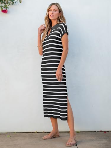 ANRABESS Women's Summer Striped Midi Dress 2025 Casual Short Sleeve V Neck Loose Knitted Side Slit Long Beach Dresses4
