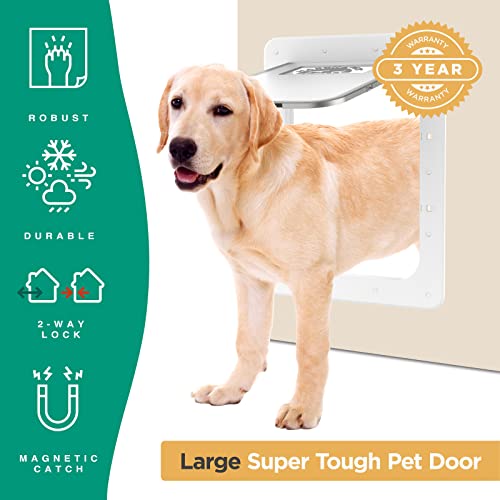 Hakuna Pets Super Tough Pet, Cat And Dog Door With 2-Way Locking Panel For Screens, Doors, Walls And Glass Up To 2.17" Thick, Large, White #TOP1