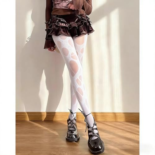 Image of Women's Ripped Fishnet Tights, Irregular Distressed Hole Mesh Stockings, Y2k Lace Sheer Pantyhose