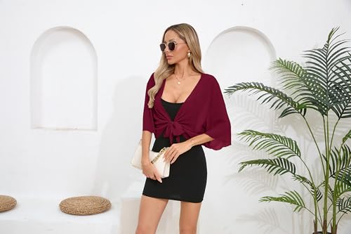 Image of TASAMO Women's 2026 Summer Lightweight Short Bolero Cardigan Shrug Sheer Tie Front Top 3 /4 Sleeve Jacket for Dress