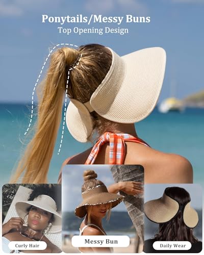 Image of FURTALK Womens Sun Hat with Ponytail Hole Wide Brim Beach Straw Visor | Foldable & Packable for Beach Vacations, Adjustable Fit for Messy Buns, Detachable Windproof Strap, Sweat-Wicking Inner Band
