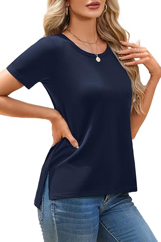 Herou Women's Short Sleeve T-Shirt - Crew Neck Causal Plain Vacation Tee Top with Side Split Navy Blue Medium