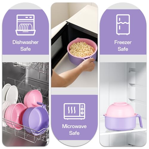 Image of MEACOLIA 50 oz Ramen Bowl Set, Microwave Noodle Pasta Cooker with Lid and Strainer, Microwave Steamer for Vegetables, for Office, College, Dorm, Gift (Pink)