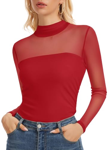 Womens Sheer Mesh Long Sleeve Top Mock Neck Ruched See Through Slim Fit Casual Shirt(Red L)
