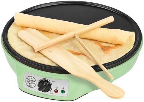 Bestron Elektrischer Crêpesmaker grün Ø 30 cm – Einstellbarer Thermostat | Antihaftbeschichtung | Mit T‑Teigverteiler & Holzspatel – ASW602G