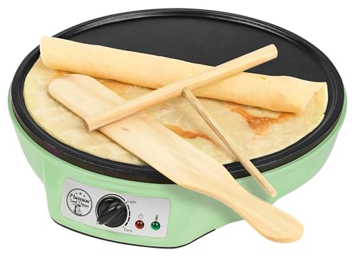 Crepera eléctrica Bestron verde Ø 30 cm – Termostato regulable | Revestimiento antiadherente | Con repartidor en T y espátula de madera – ASW602G