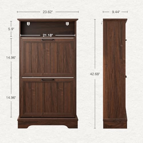 Image of 24 inch W Hidden Shoe Storage Cabinet with 2 Flip Drawers & Open Storage