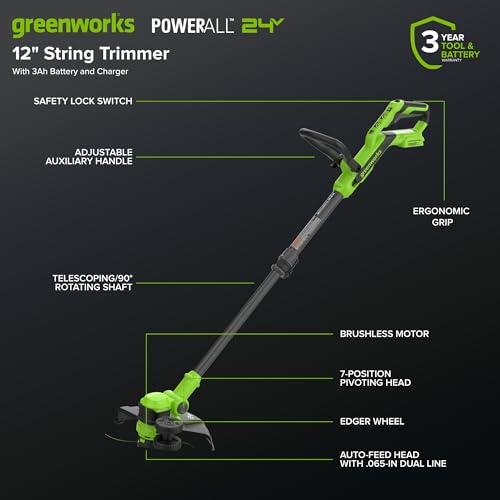 Image of Greenworks 24V 12 inch Brushless String Trimmer Kit, 2-in-1 Trimmer & Edger, Adjustable Shaft, 3.0Ah USB-C Battery, 65W USB-C Charger, 10 Blades, 3-Year Warranty