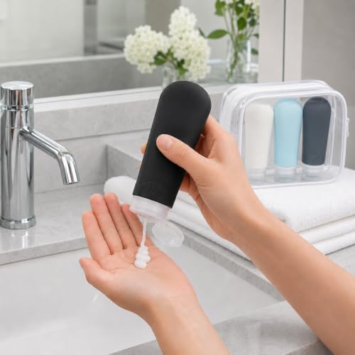Image of INSFIT Travel Bottles for Toiletries, TSA Approved 3oz Travel Size Containers, BPA Free Leak Proof Squeezable Silicone Tubes for Shampoo Conditioner Lotion Body Wash with Labels