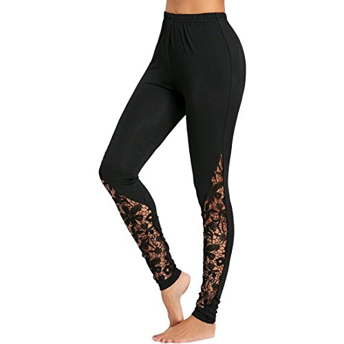 BaZhaHei-Pantalones de mujer Encaje Sexy Negro Strechy elástico Pantalones de Cintura Alta Pantalones para Correr Women Lace Sexy Black Solid High Waist Pants Trousers Jogging Pantalón de Mujer