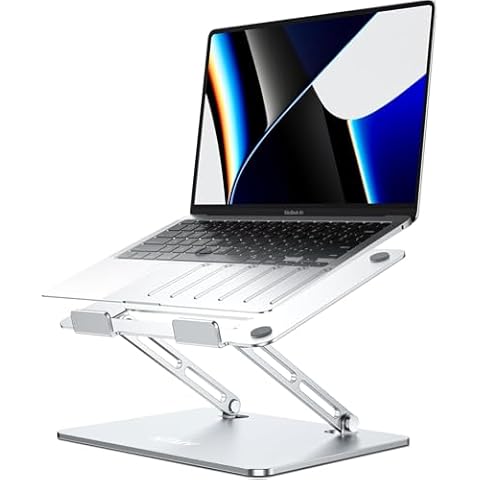 NTMY Aluminum Laptop Stand for Desk, Adjustable Laptop Stand, Folding Laptop Riser for Desk,Computer Notebook Stand Compatible with MacBook air pro, Acer, HP, Lenovo, Dell(10-16")-Silver Cover