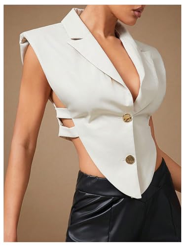 WDIRARA Women's Button Down Shoulder Pad Asymmetrical Tank Top Lapel Neck Sleeveless Suit Vest2