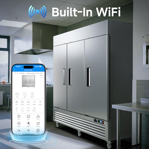 Image of VEECOOL Commercial Upright Freezer WiFi-Enabled, 82 inch Solid Door Stainless Steel Reach in Freezer with 12 Shelves, Bottom Mounted, Auto Defrost, LED Lighting, Digital Control, ETL&ETL Sanitation