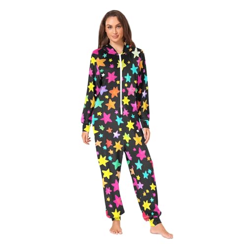Pijama de una pieza con capucha de felpa térmica y estampado colorido de estrellas