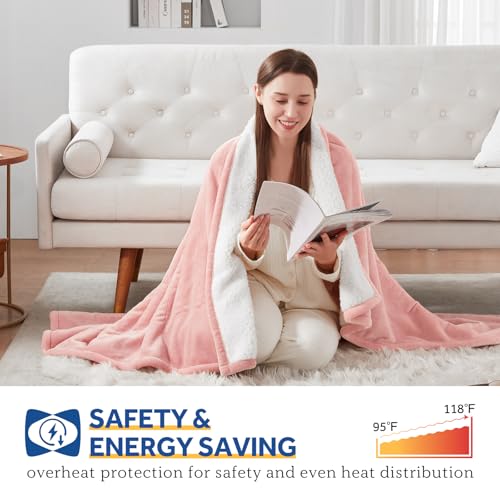 Sealy Heated Throw Blanket, Flannel & Sherpa Electric Throw with 6 Heat Setting & 2-10 Hours Auto Shut Off, Fast Heating & Machine Washable, 50x60 Inch, Pink by Sealy - Image 4